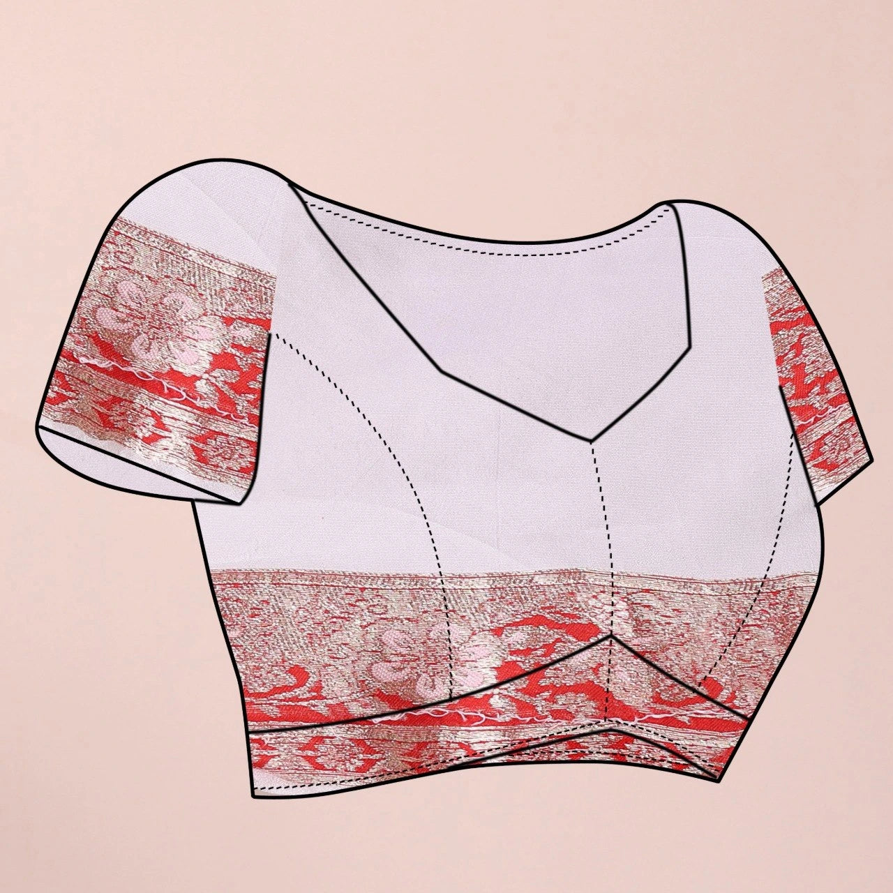 Design of a blouse with red and gold patterns on a beige background